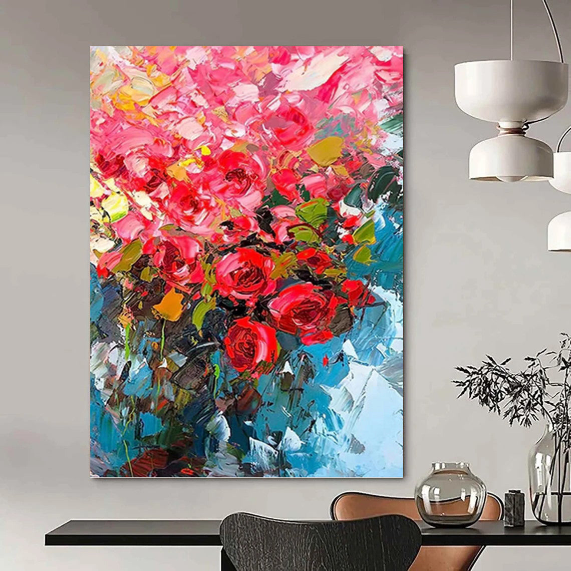 “Vibrant Pink Flowers in Blue Vase” - Impressionist - Inspired Floral Painting On Canvas PT1432