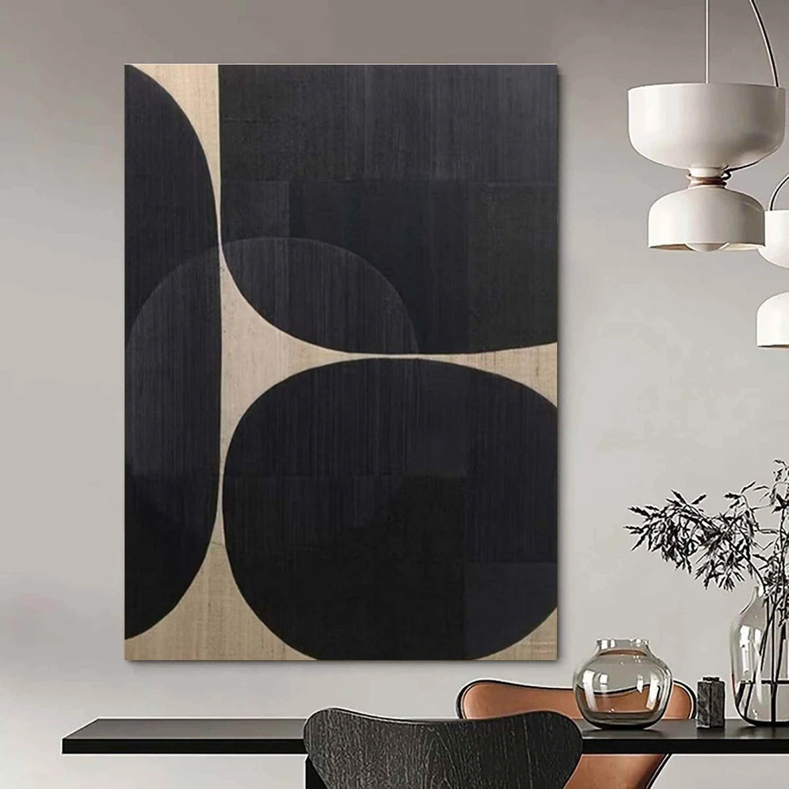 Black, Beige with Overlapping Circles "Geometric Harmony" Abstract Painting On Canvas PS1474