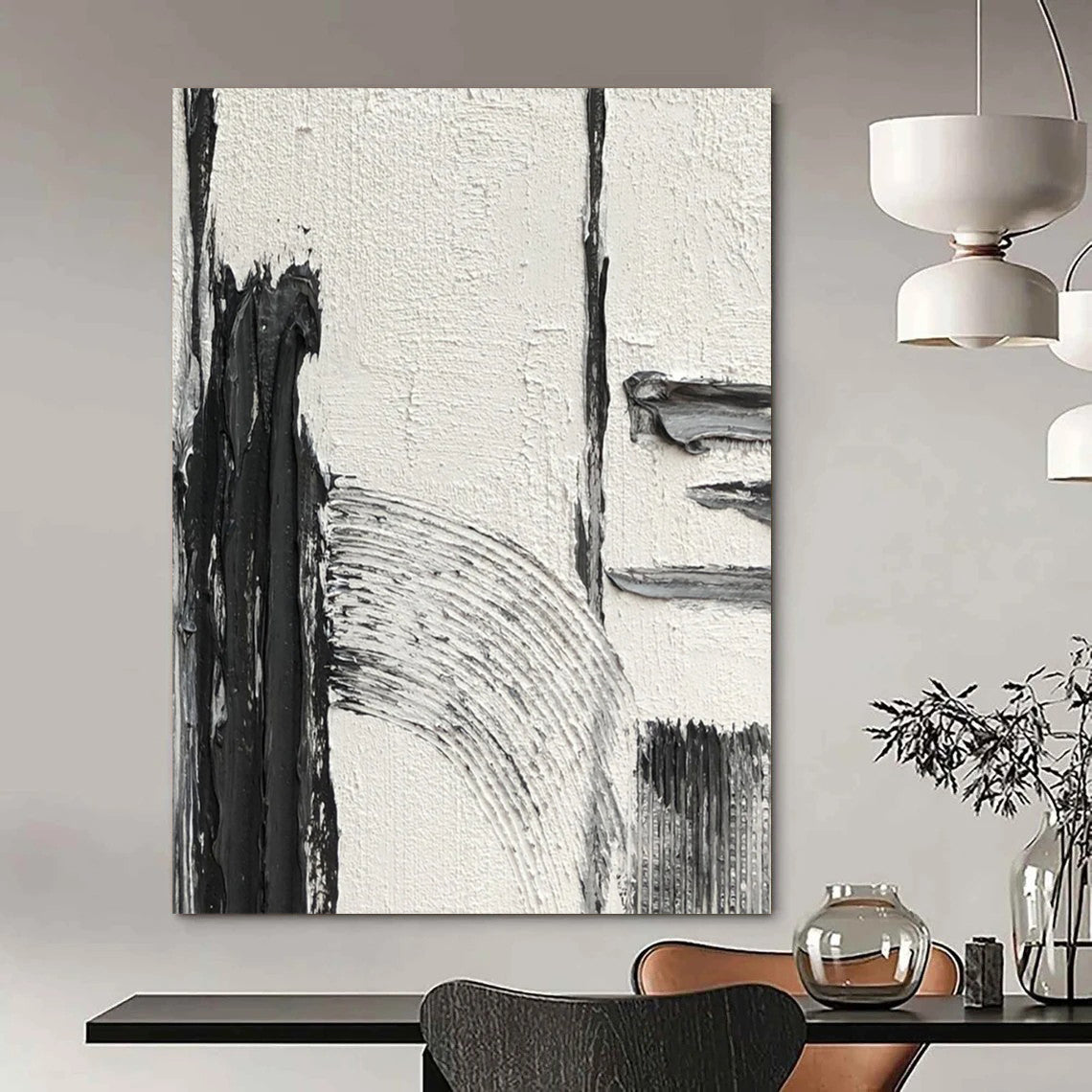 “Textured Black and White Abstract Forms” - Subtle Abstract Painting On Canvas DS386
