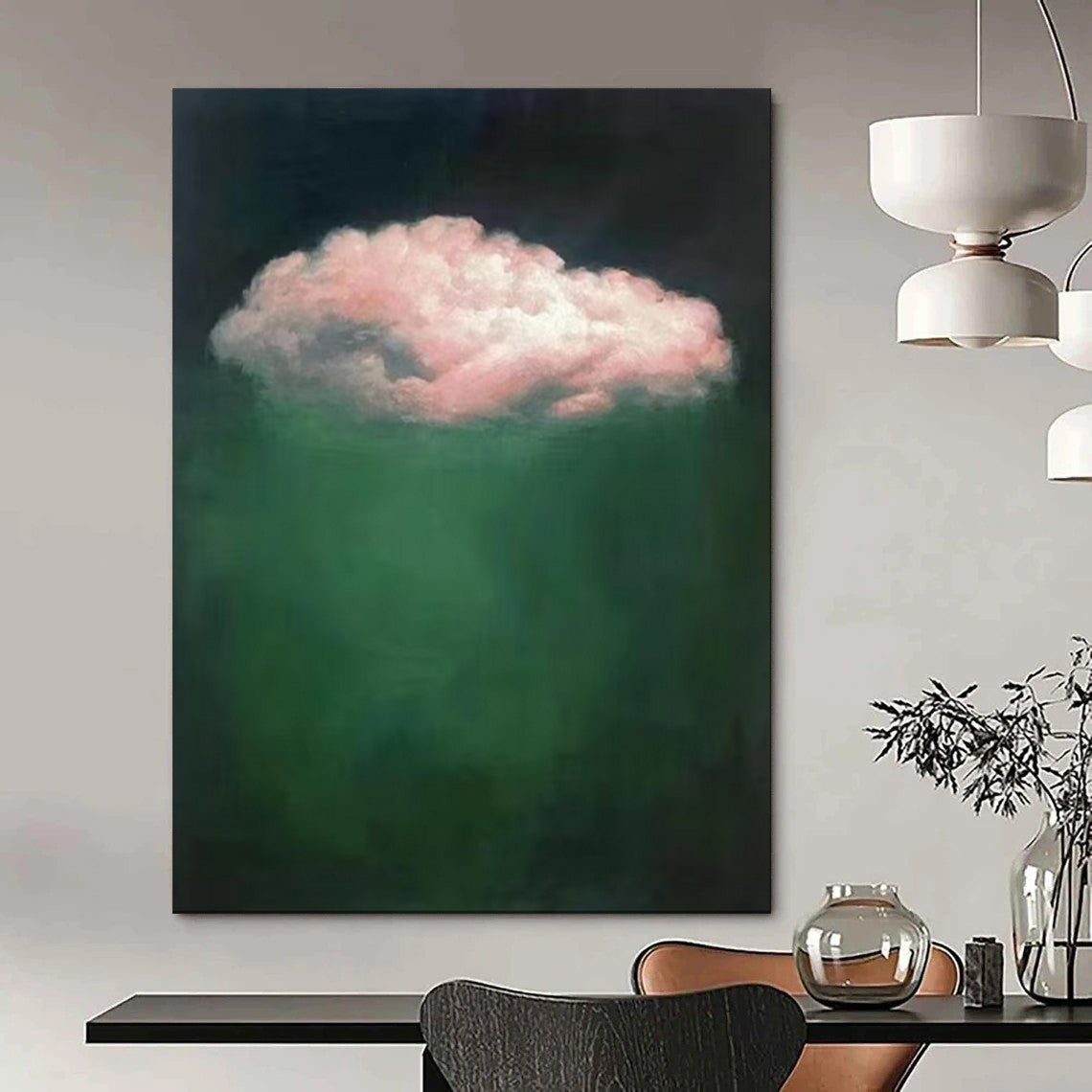 “Pink Cloud Over Green” - Surreal Cloud Painting On Canvas PT1984