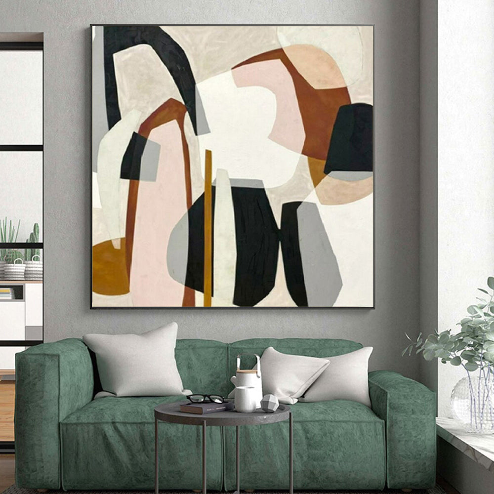 “Pastel Geometric Fusion” - Pink, Brown, Gray, Black Abstract Cubist Painting On Canvas PS0670
