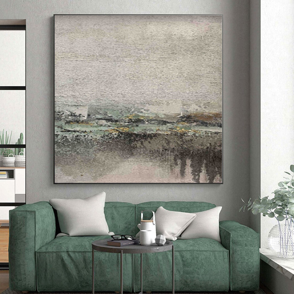 “Muted Landscape Impression” - Gray, Green, Yellow Abstract Landscape Painting On Canvas PS0565