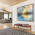 “Cityscape Reflection in Blues and Golds” - Cubist - Inspired Landscape Painting On Canvas PT050