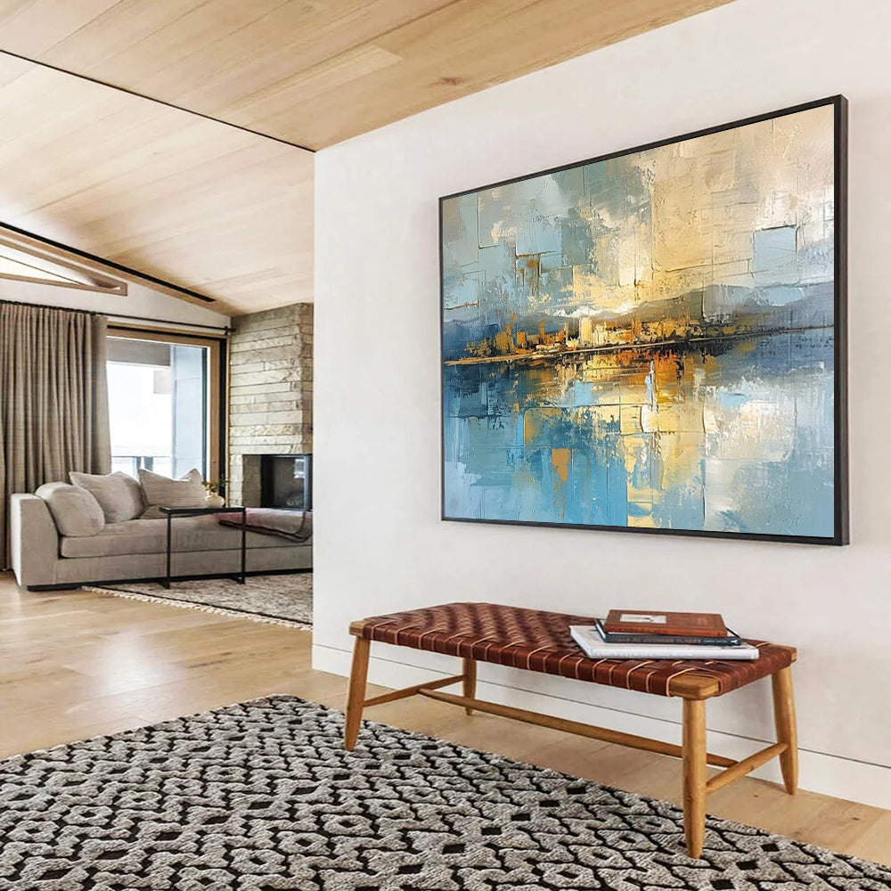 “Cityscape Reflection in Blues and Golds” - Cubist - Inspired Landscape Painting On Canvas PT050