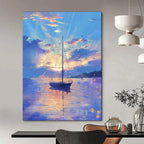 “Pastel - Hued Sailboat at Sunset” - Impressionist Seascape Painting On Canvas PT1893