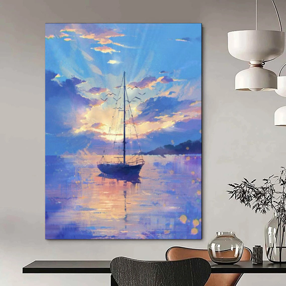 “Pastel - Hued Sailboat at Sunset” - Impressionist Seascape Painting On Canvas PT1893