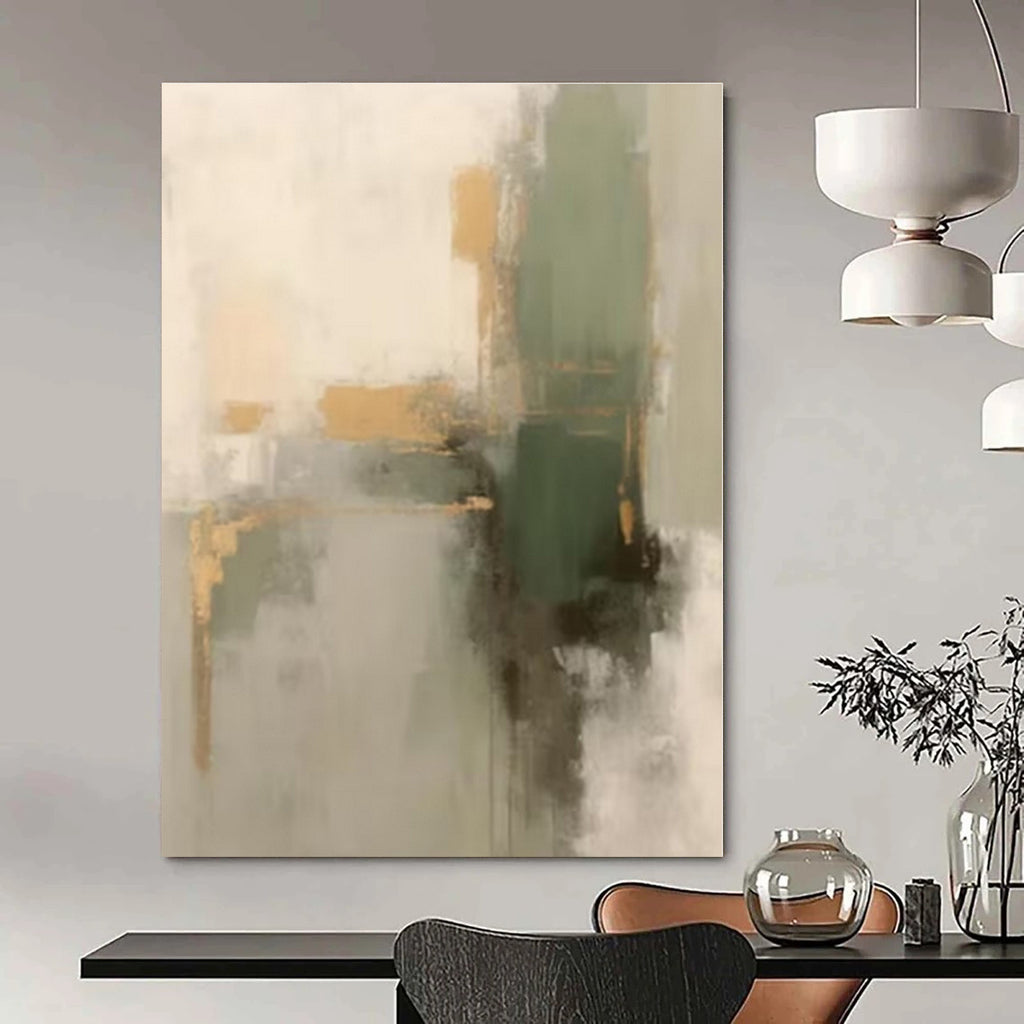 Gray, Gold, Green with Abstract Shapes "Gilded Greens" Abstract Painting On Canvas PS1288