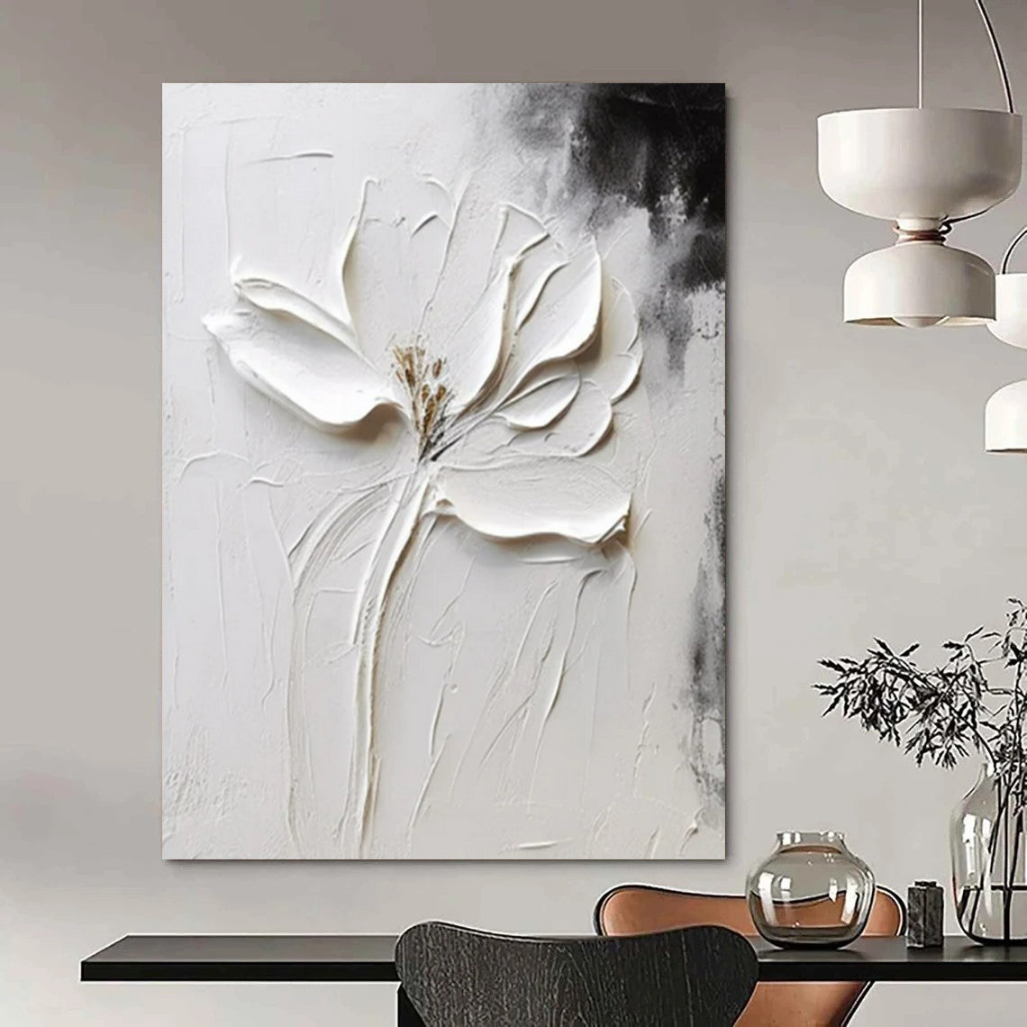 “White Flower in Relief” - Impasto Abstract Painting On Canvas PT2217