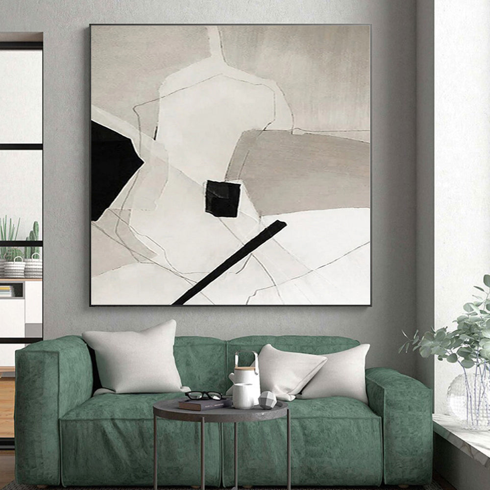 “Black - White Geometric Abstraction” - Black, White Abstract Geometric Painting On Canvas PS0559