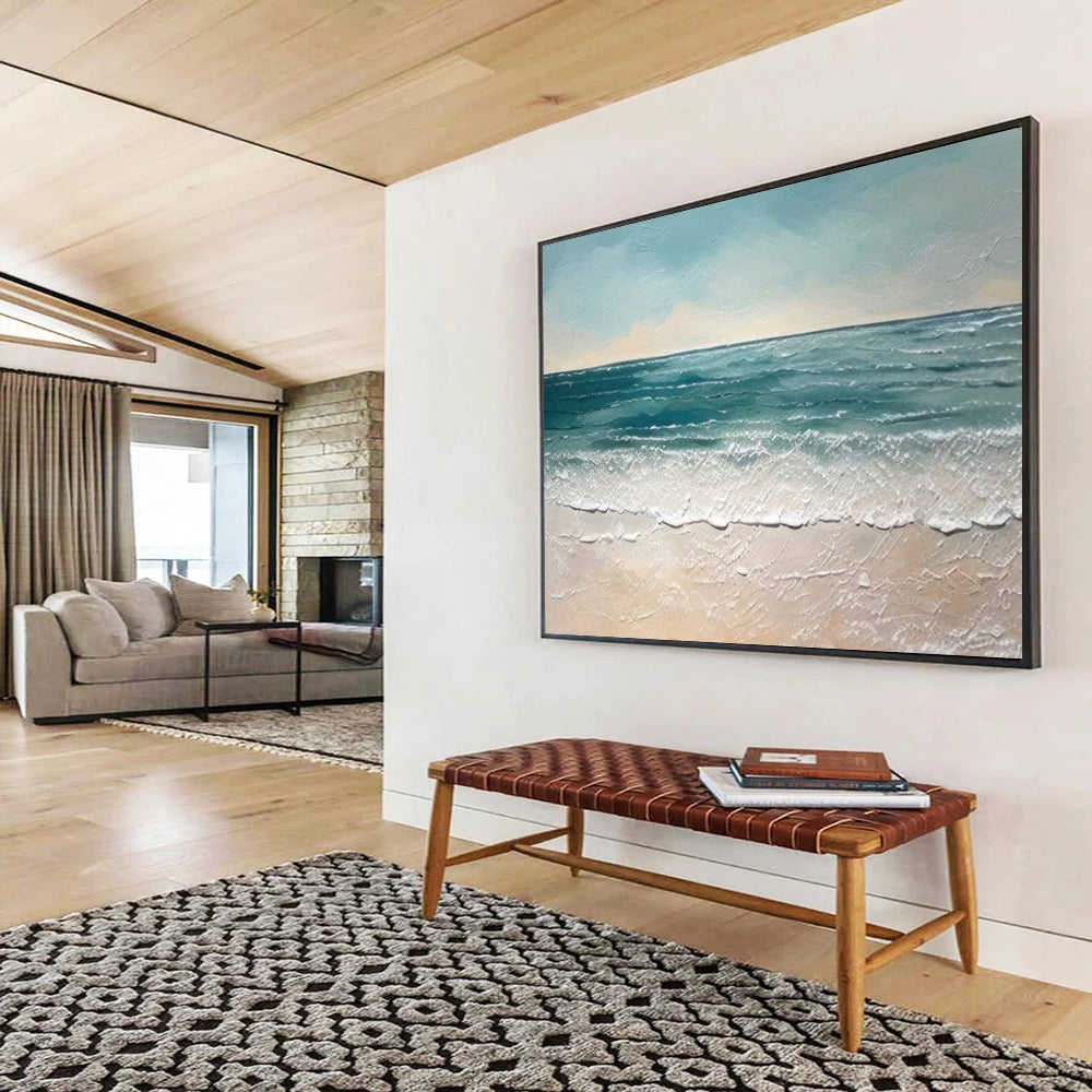 “Textured Seaside in Blues and Beiges” - Impasto Seascape Painting On Canvas PT062