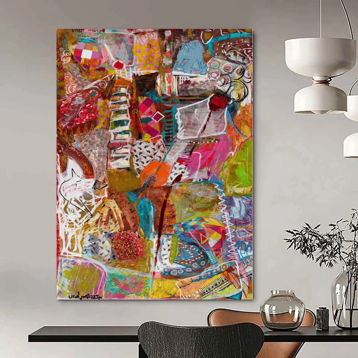Colorful Collage - Style Abstract "Vibrant Chaos" Mixed - Media Painting On Canvas PS1083