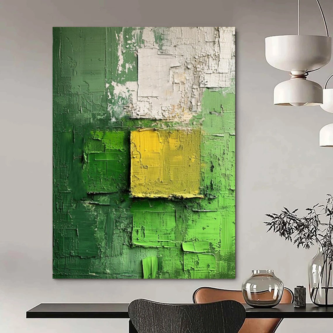 “Green - Yellow Textured Squares” - Abstract Expressionist Painting On Canvas DS029