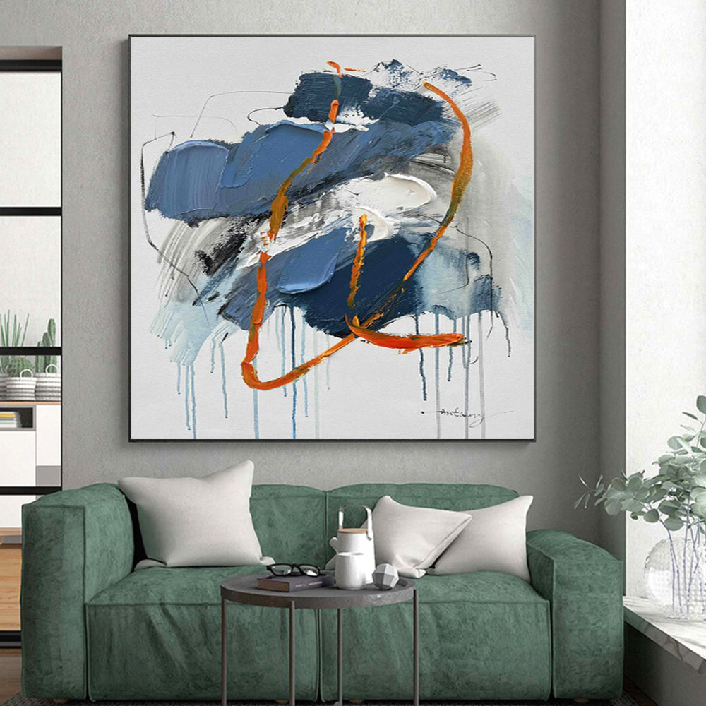 “Blue - Orange Expressive Drips” - Blue, Orange, Gray, White Abstract Painting On Canvas PS0507