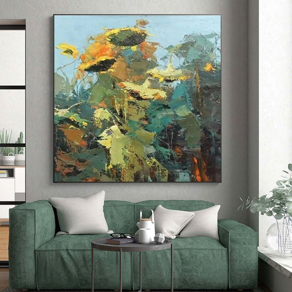 “Impasto Sunflower Abstract” - Yellow, Green Abstract Impressionist Painting On Canvas PS0732