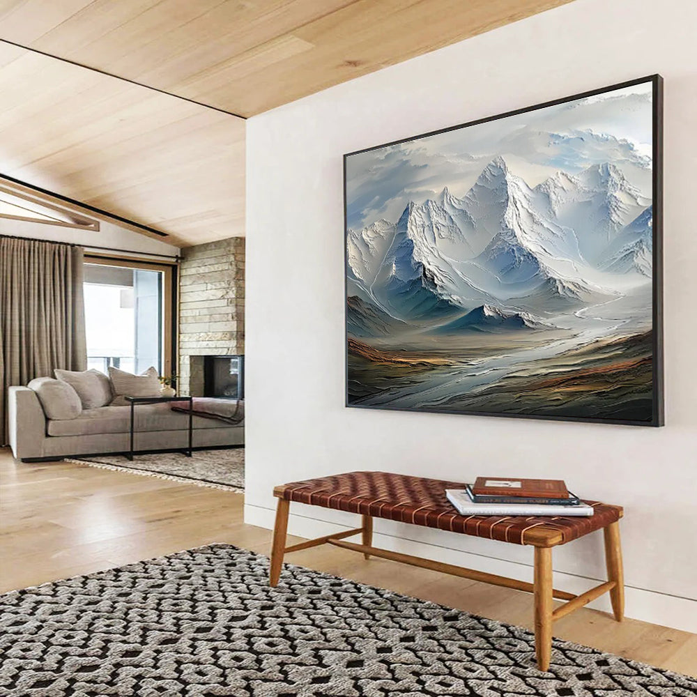 “Snowy Mountain Majesty” - White, Blue & Gray Landscape, Hyper - Realistic Oil Painting On Canvas DKS728