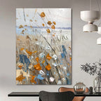 “Textured Wildflowers in Orange, Blue, and White” - Impasto Landscape Painting On Canvas PT1839