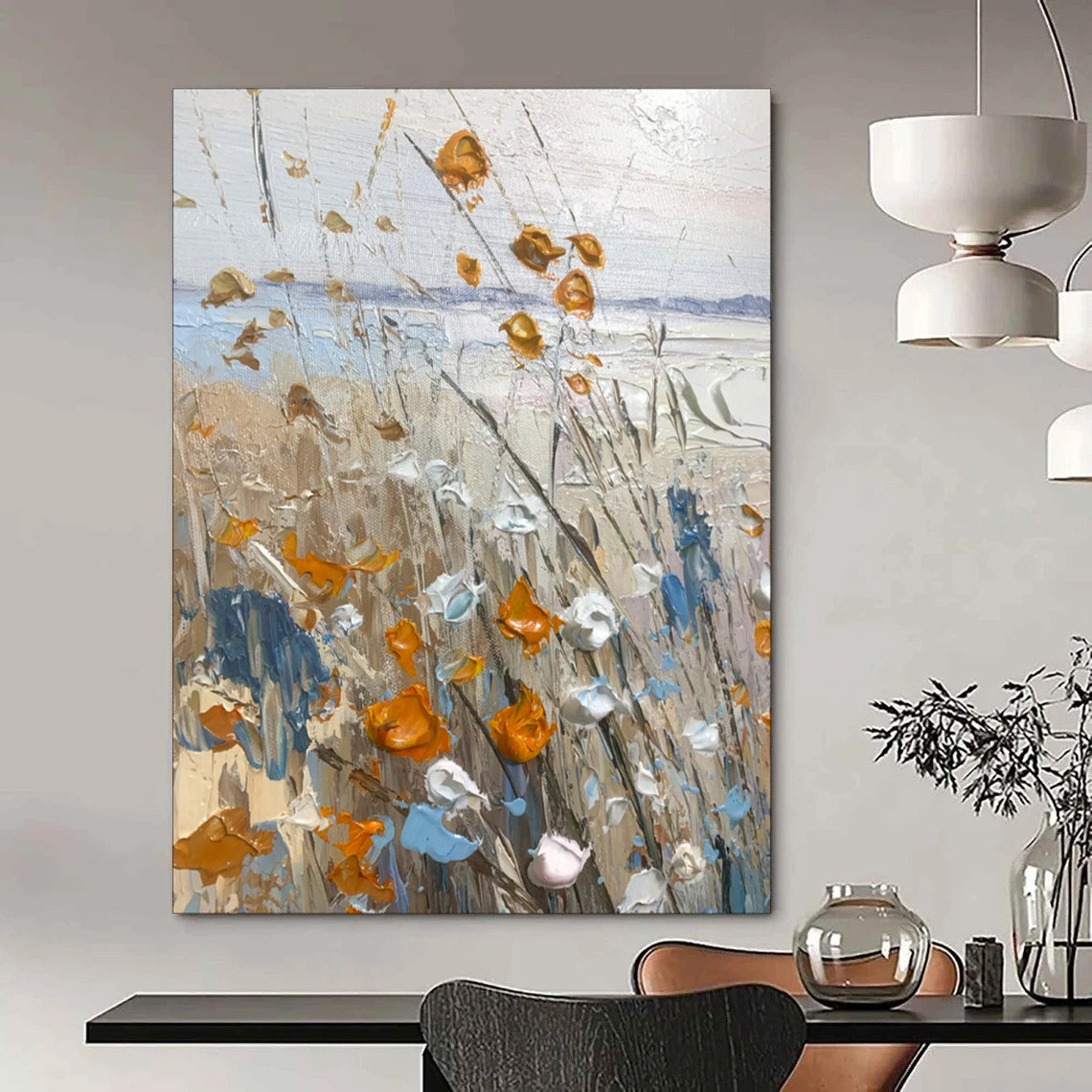“Textured Wildflowers in Orange, Blue, and White” - Impasto Landscape Painting On Canvas PT1839
