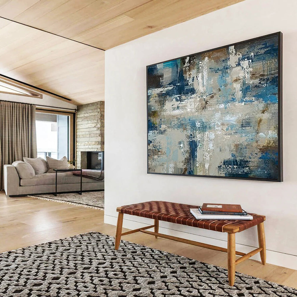 “Abstract Coastal Collage in Blues, Browns & Grays” - Modern Mixed - Media Oil Painting On Canvas PT036
