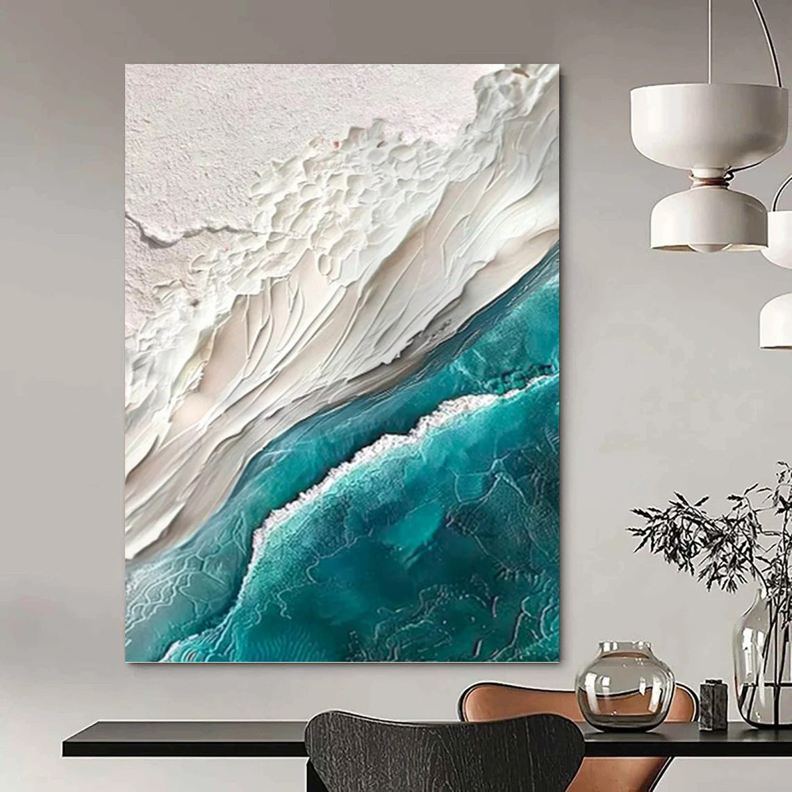 “White - Teal Textured Coast” - Impressionist - Inspired Seascape Painting On Canvas PT1394