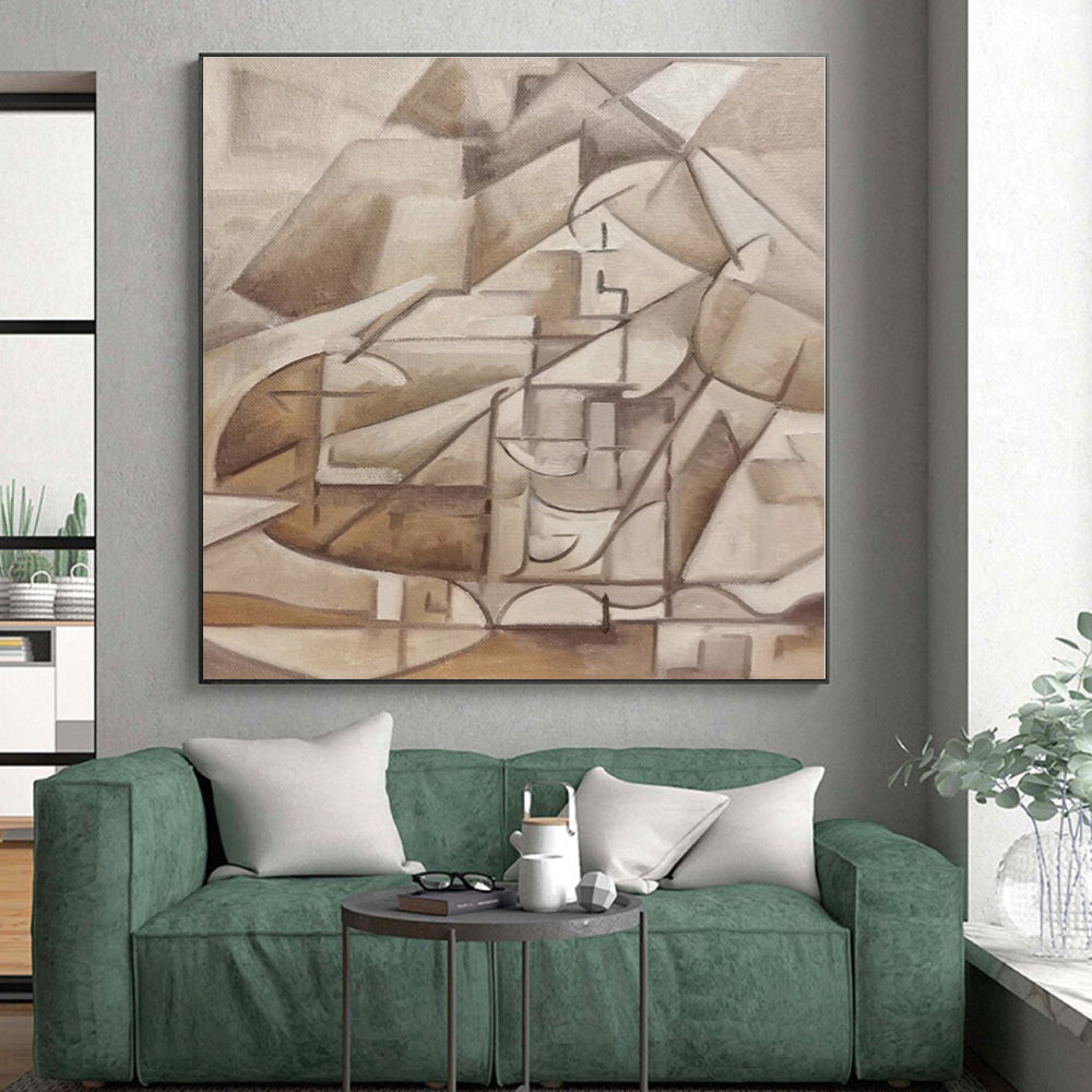 “Brown Cubist Structure” - Brown, Beige Cubist Abstract Painting On Canvas PS0400