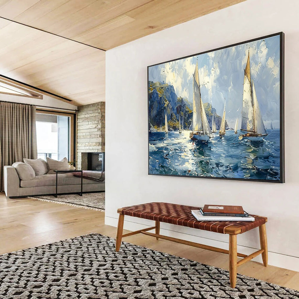 Sailing the Blue - Seaside Sailing Oil Painting, Ideal for Porch & Nautical - themed Room DKS669