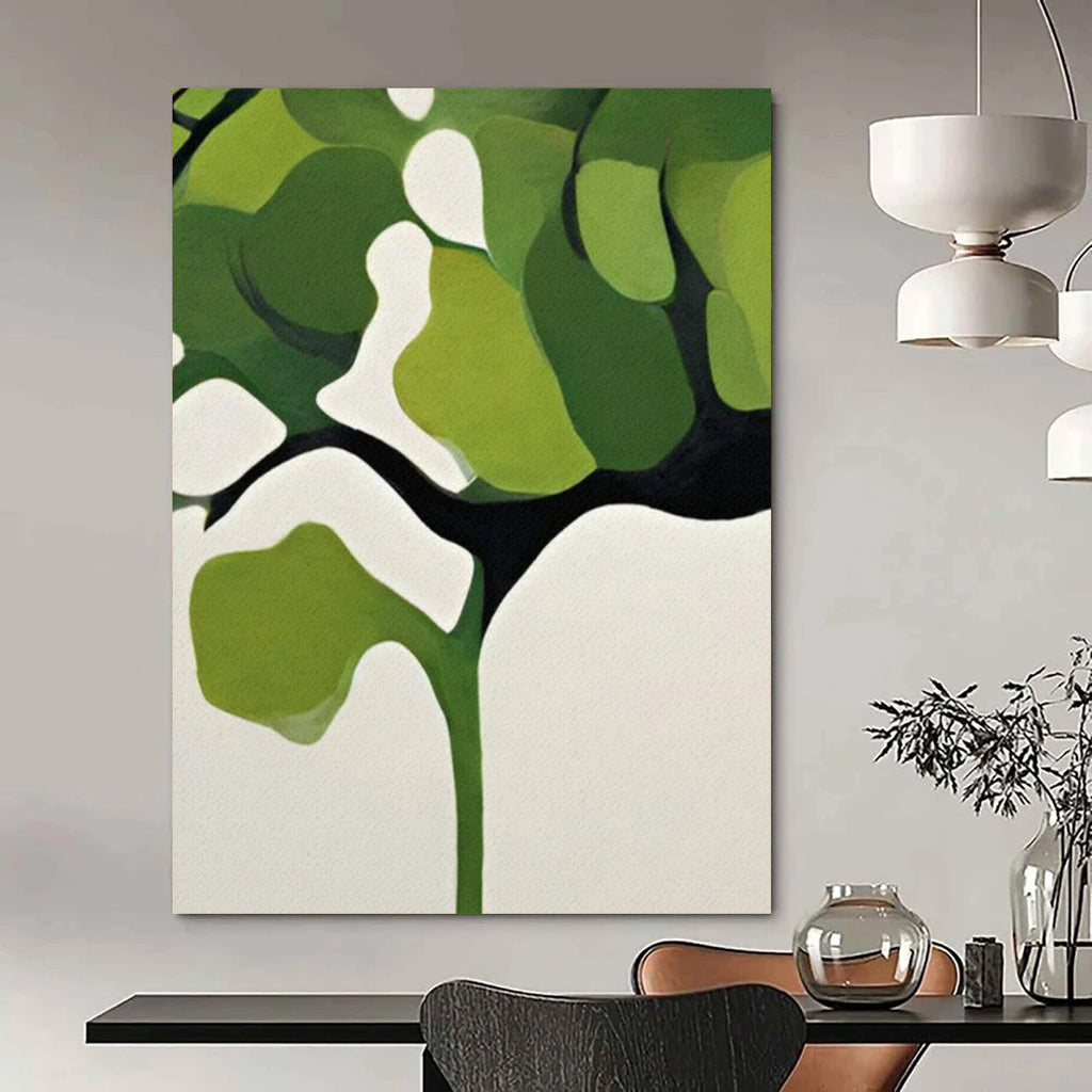 “Green and White Minimalist Tree” - Geometric Botanical Painting On Canvas PT2254