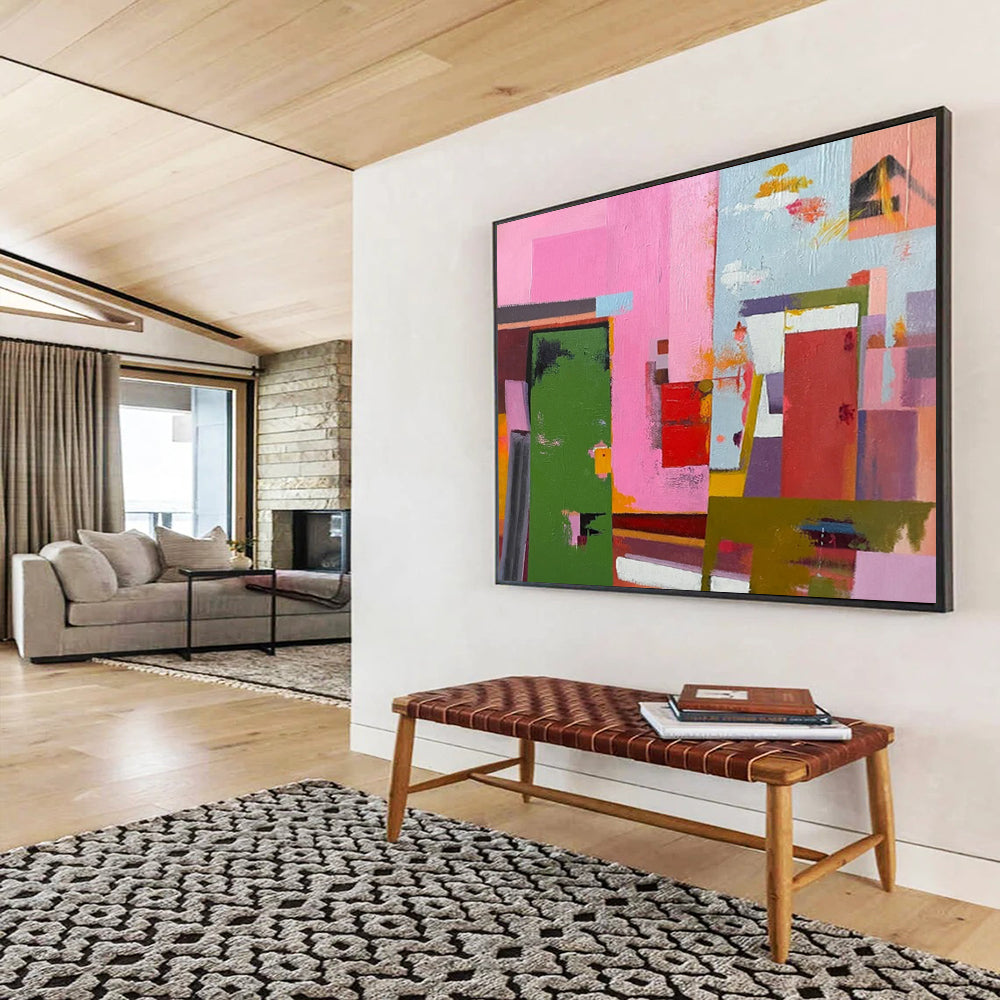 “Vibrant Geometric Abstraction in Pink, Green & Colorful Shapes” - Cubist - Style Modern Painting On Canvas PT013