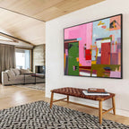 “Vibrant Geometric Abstraction in Pink, Green & Colorful Shapes” - Cubist - Style Modern Painting On Canvas PT013
