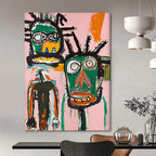 Dual Masks: Expressive Faces in Pink Painting On Canvas DS106