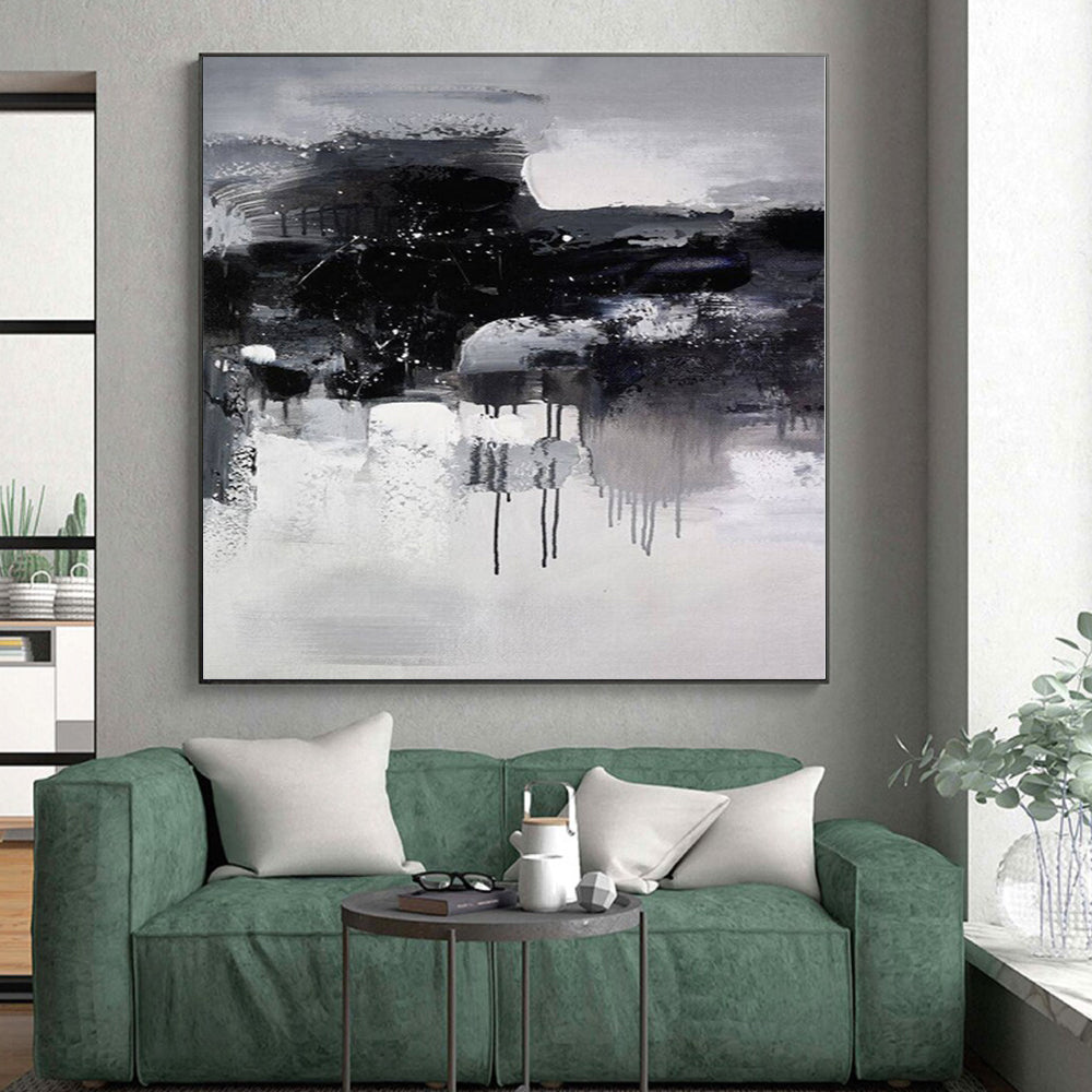 “Black - White - Grey Ink - like Abstract Drippings” Painting On Canvas PS0376