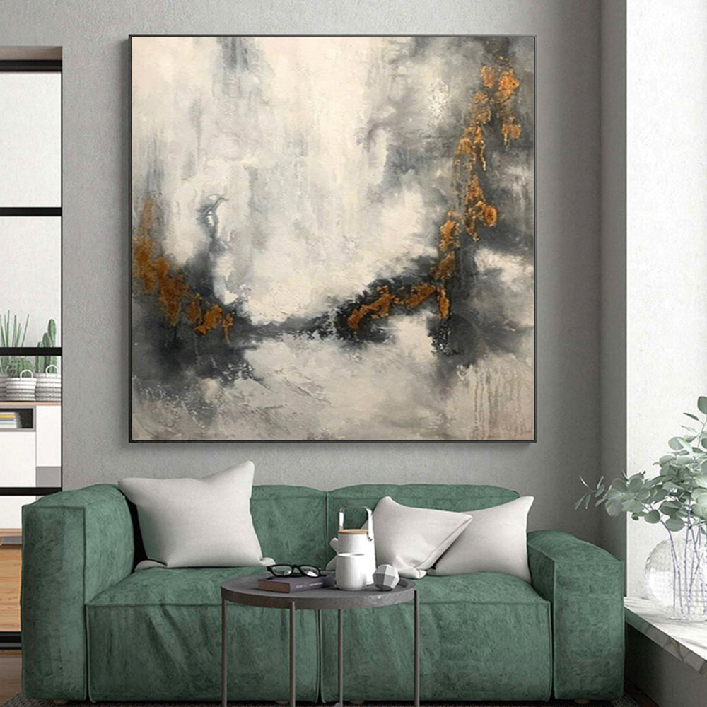 “Grey - Gold Abstract Textured Clouds” - Tactile Abstract Painting On Canvas PS0360