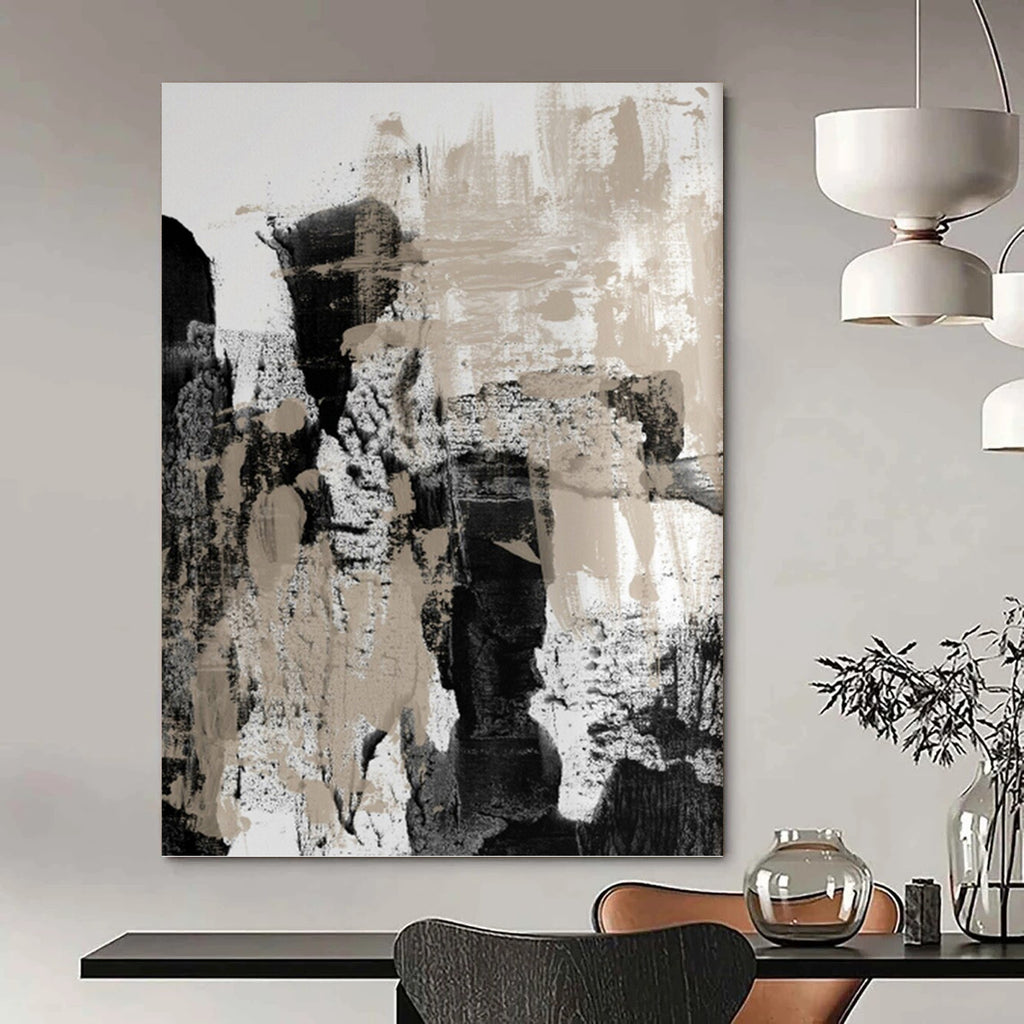 “Monochrome Textures: Black, White, and Beige Abstract” - Expressionistic Minimalist Art On Canvas PT0966
