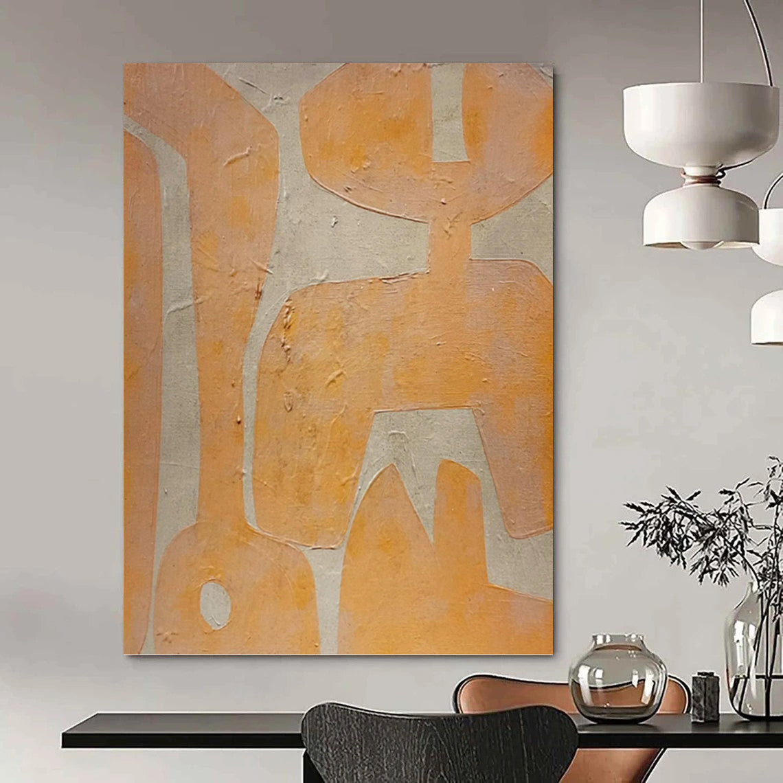 “Orange - on - Beige Abstract Forms” - Warm - Colored Shapes Painting On Canvas PT1073