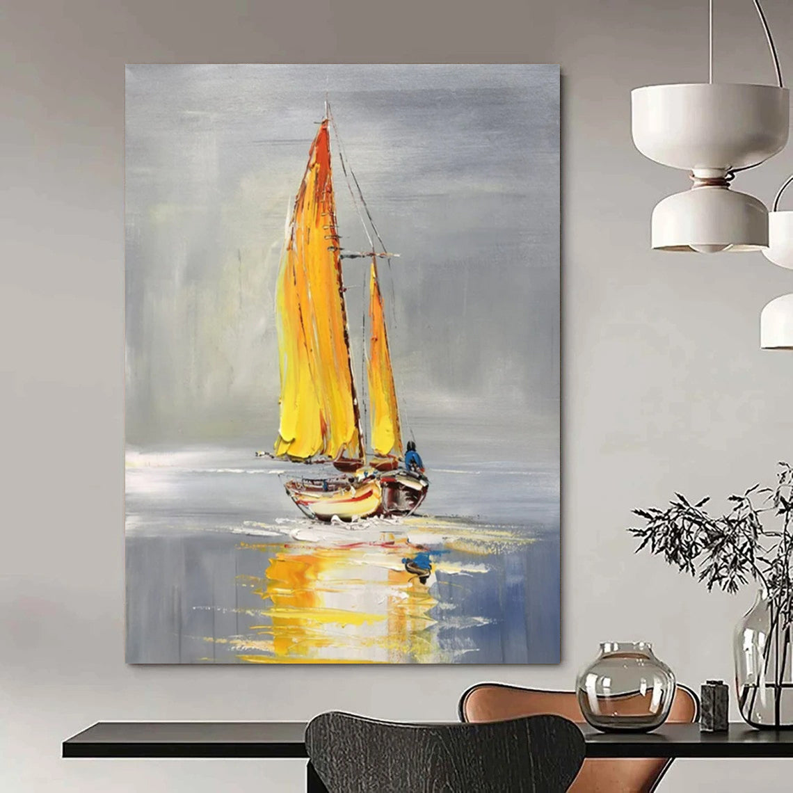 “Yellow - Sailed Boat on Calm Water” - Impressionistic Oil Painting On Canvas PT2198