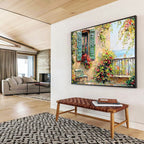 “Mediterranean Window Charm” - Green, Yellow & Red Architectural, Textured Landscape Oil Painting On Canvas DKS692