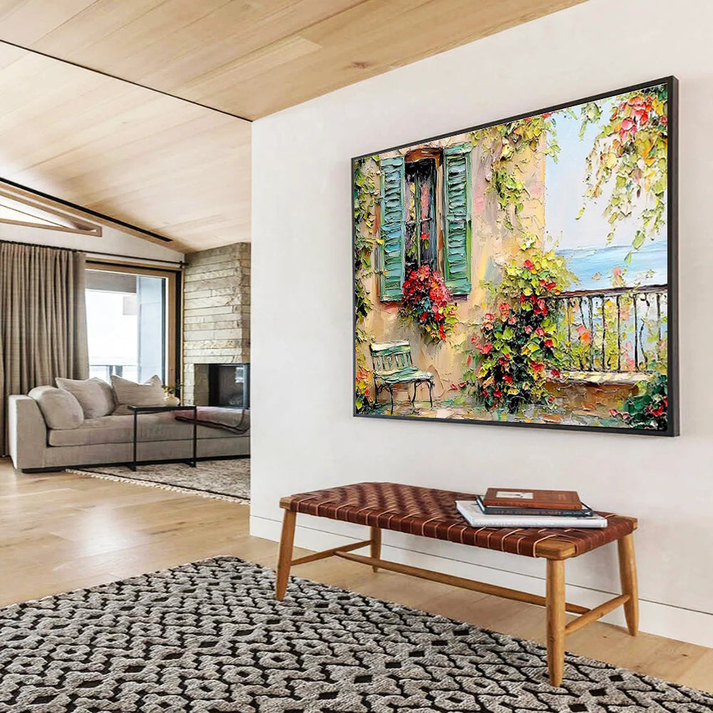 “Mediterranean Window Charm” - Green, Yellow & Red Architectural, Textured Landscape Oil Painting On Canvas DKS692