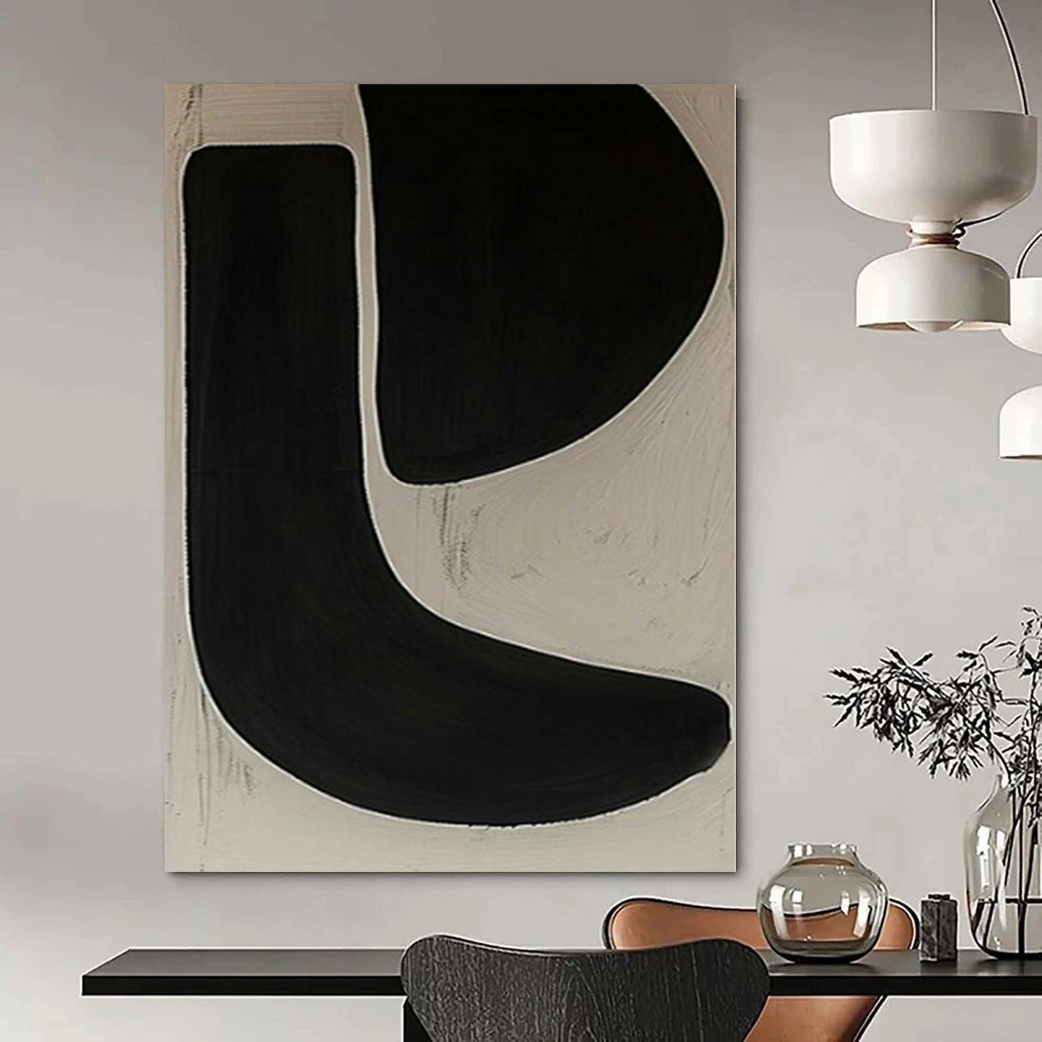 Black and White with Bold Curved Forms "Monochrome Flow" Abstract Painting On Canvas PS1106