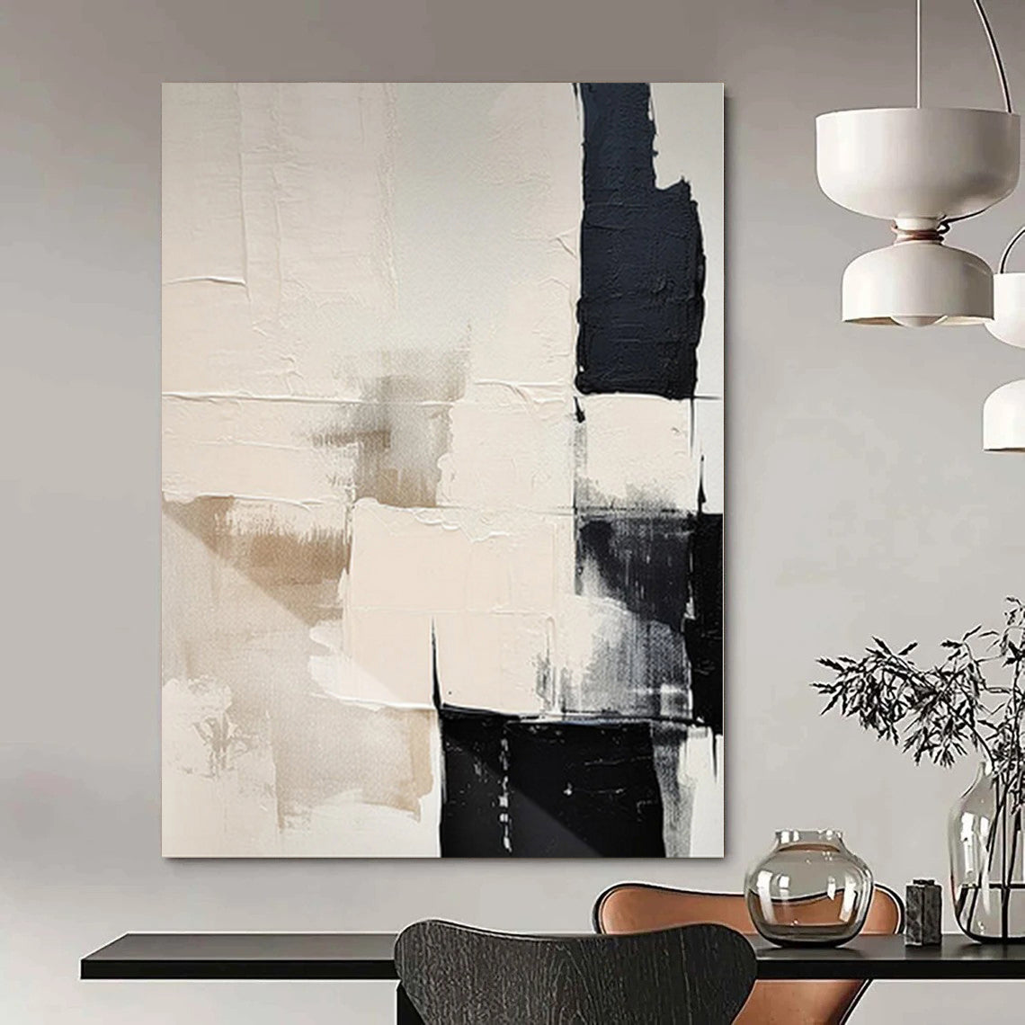 “Beige - Black - Gray Geometric” - Sleek Abstract Painting On Canvas PS0130