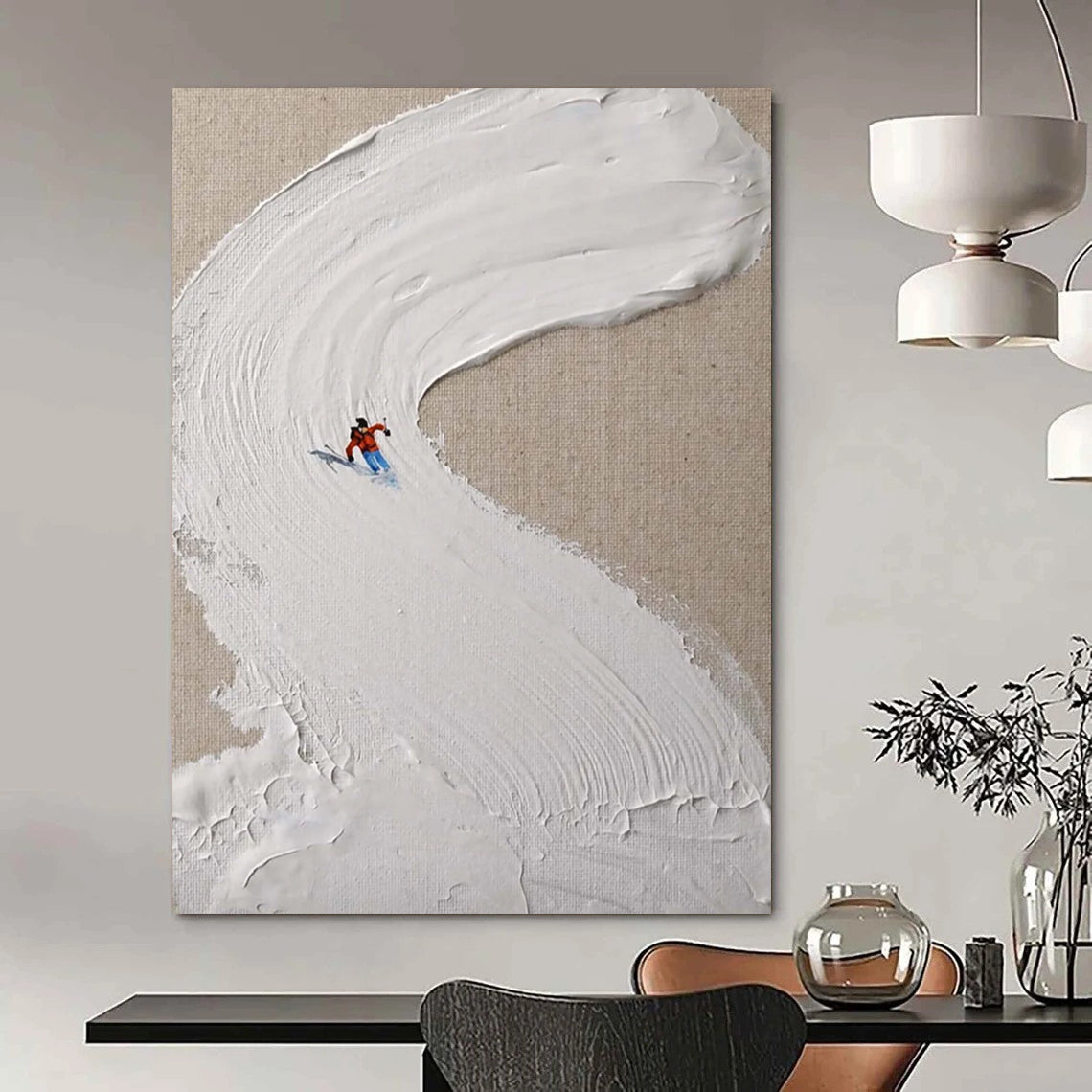 “Skier on Textured White Slope” - Minimalist Winter Sports Painting On Canvas DS311