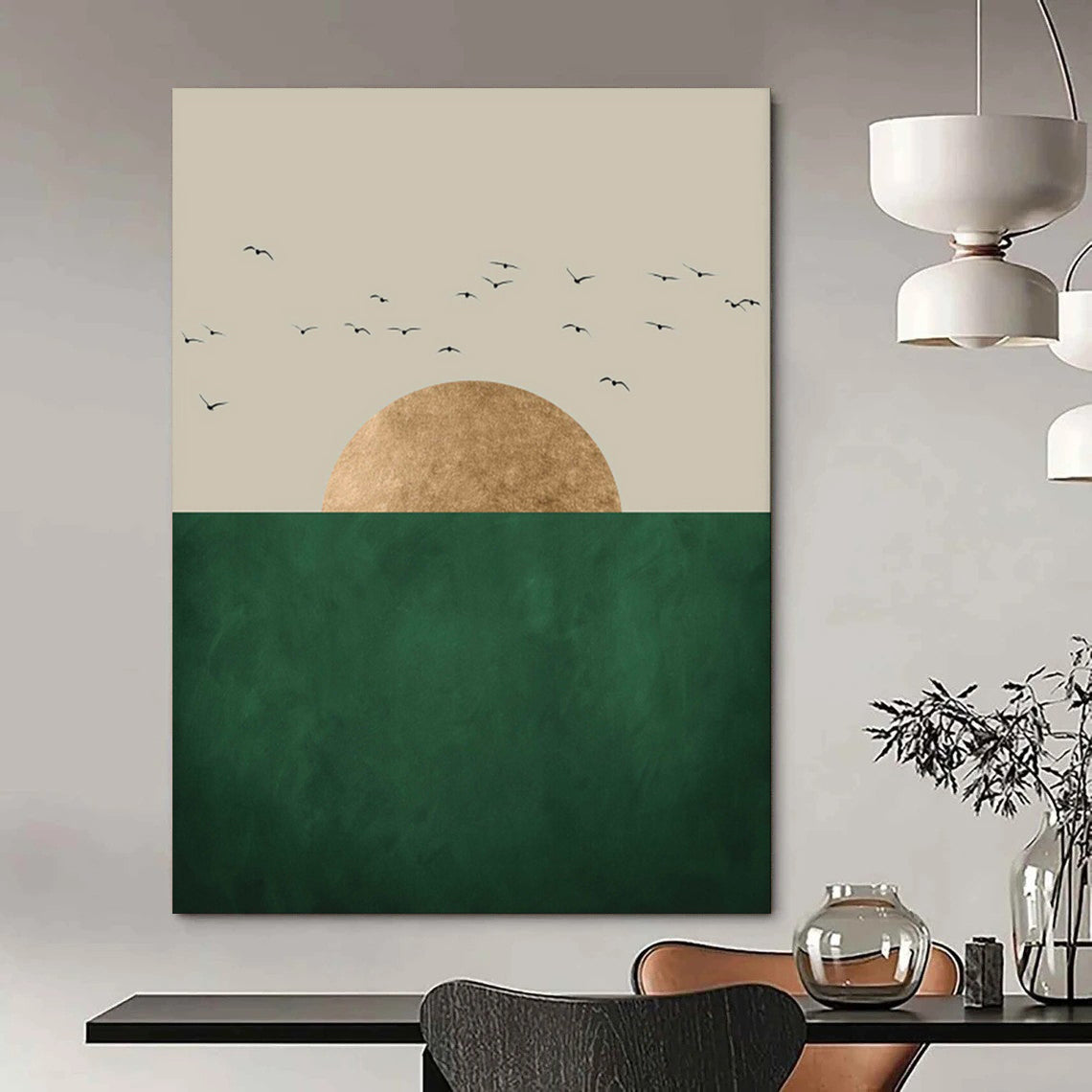 “Minimalist Sun, Sea, and Birds” - Minimalist Landscape Painting On Canvas PT1921