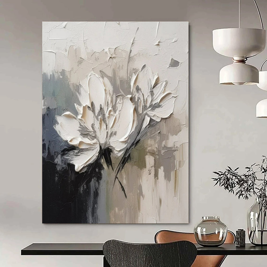 White Flowers with Gray Background "Textured Blossoms" Impressionist Painting On Canvas PS1342
