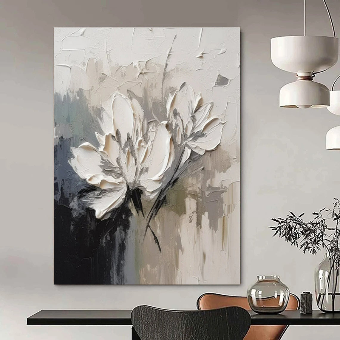 White Flowers with Gray Background "Textured Blossoms" Impressionist Painting On Canvas PS1342