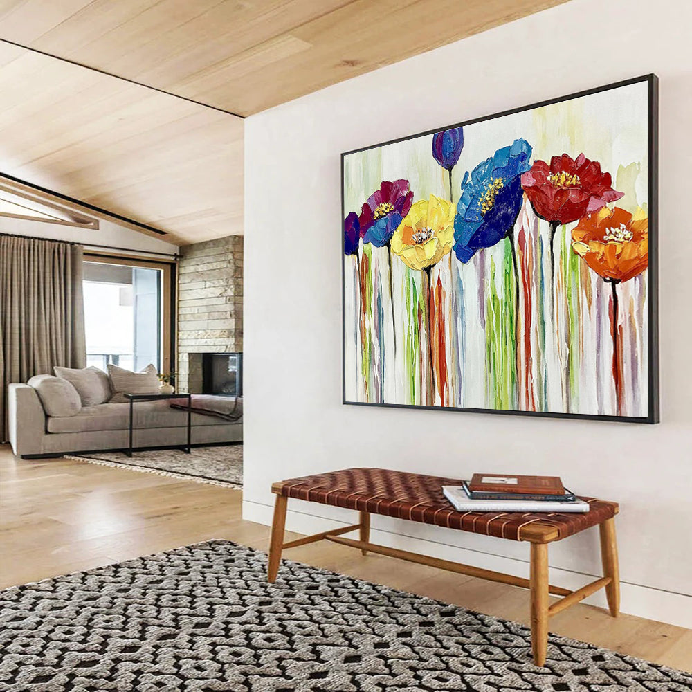 “Colorful Impasto Flowers” - Purple, Blue & Yellow Floral, Impasto Oil Painting On Canvas DKS783