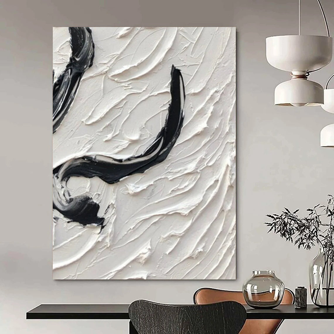 “Curved Textures: Black and White Abstract” - Tactile Abstract Painting On Canvas DS400