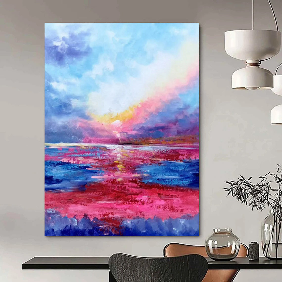 Blue, Pink, Purple, Yellow with Sunset Seascape "Sunset Symphony" Impressionist Painting On Canvas PS1318