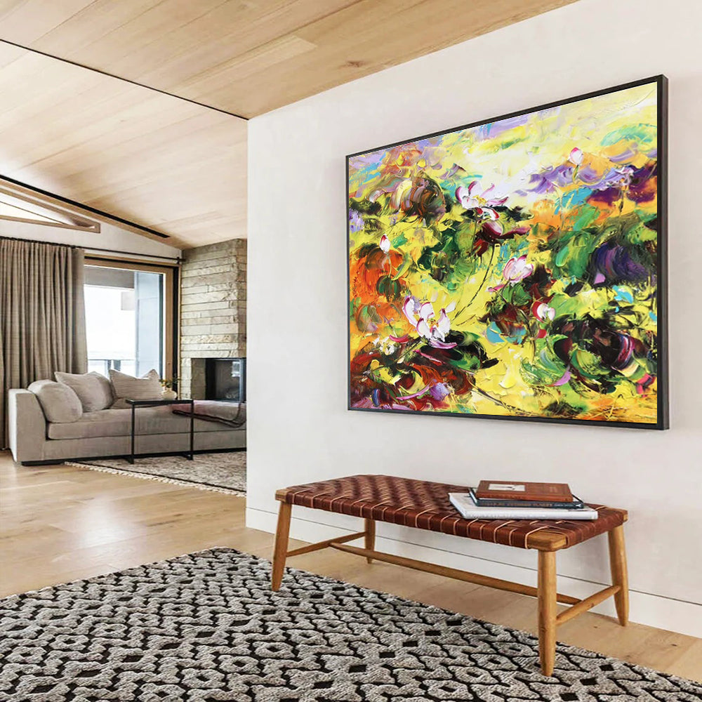 “Vibrant Lotus Flower Field” - Expressive Flower Painting, Perfect for Garden Room & Bohemian Living Room DKS635