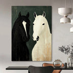 “Black and White Horse Portrait” - Folk - Inspired Animal Painting On Canvas PT1003