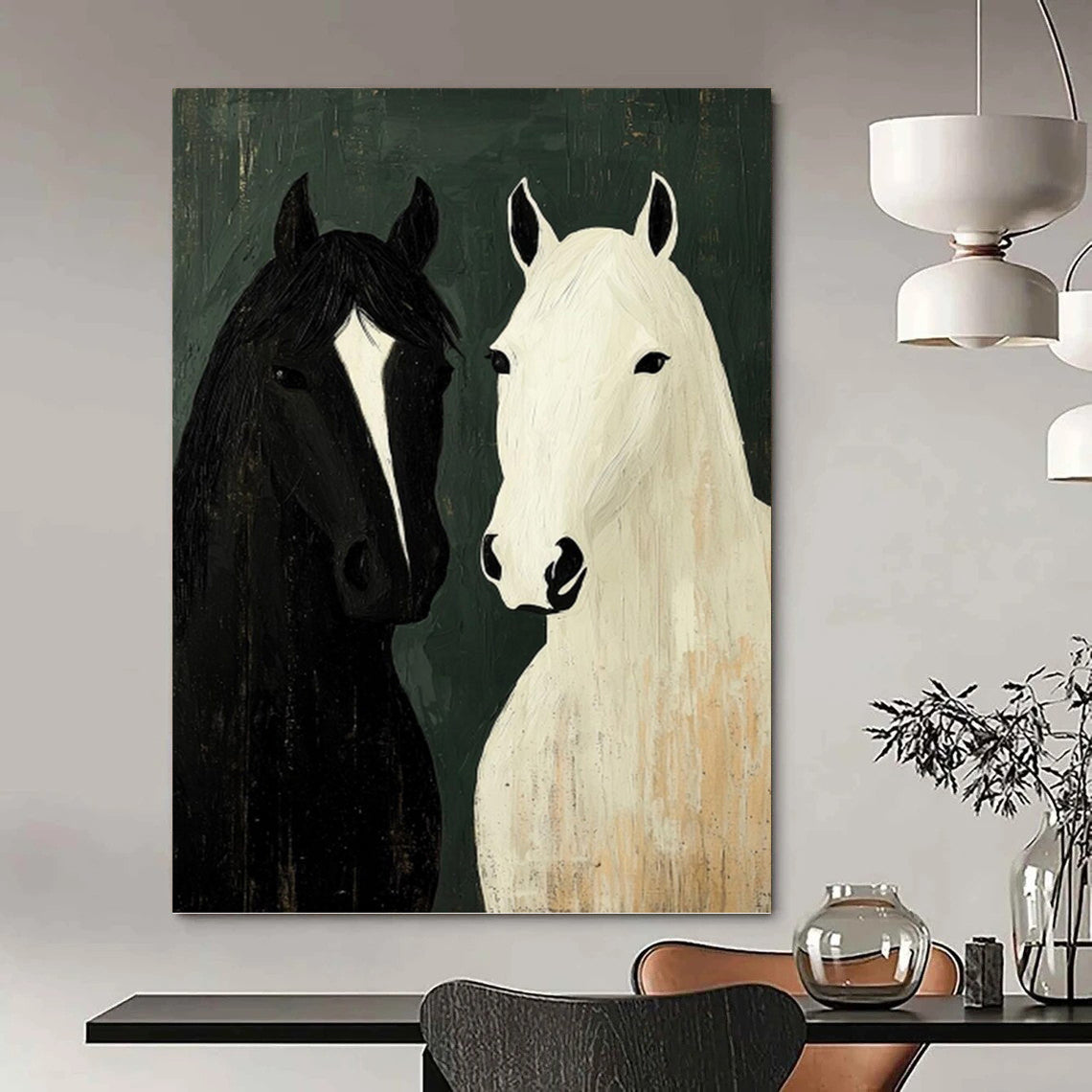 “Black and White Horse Portrait” - Folk - Inspired Animal Painting On Canvas PT1003