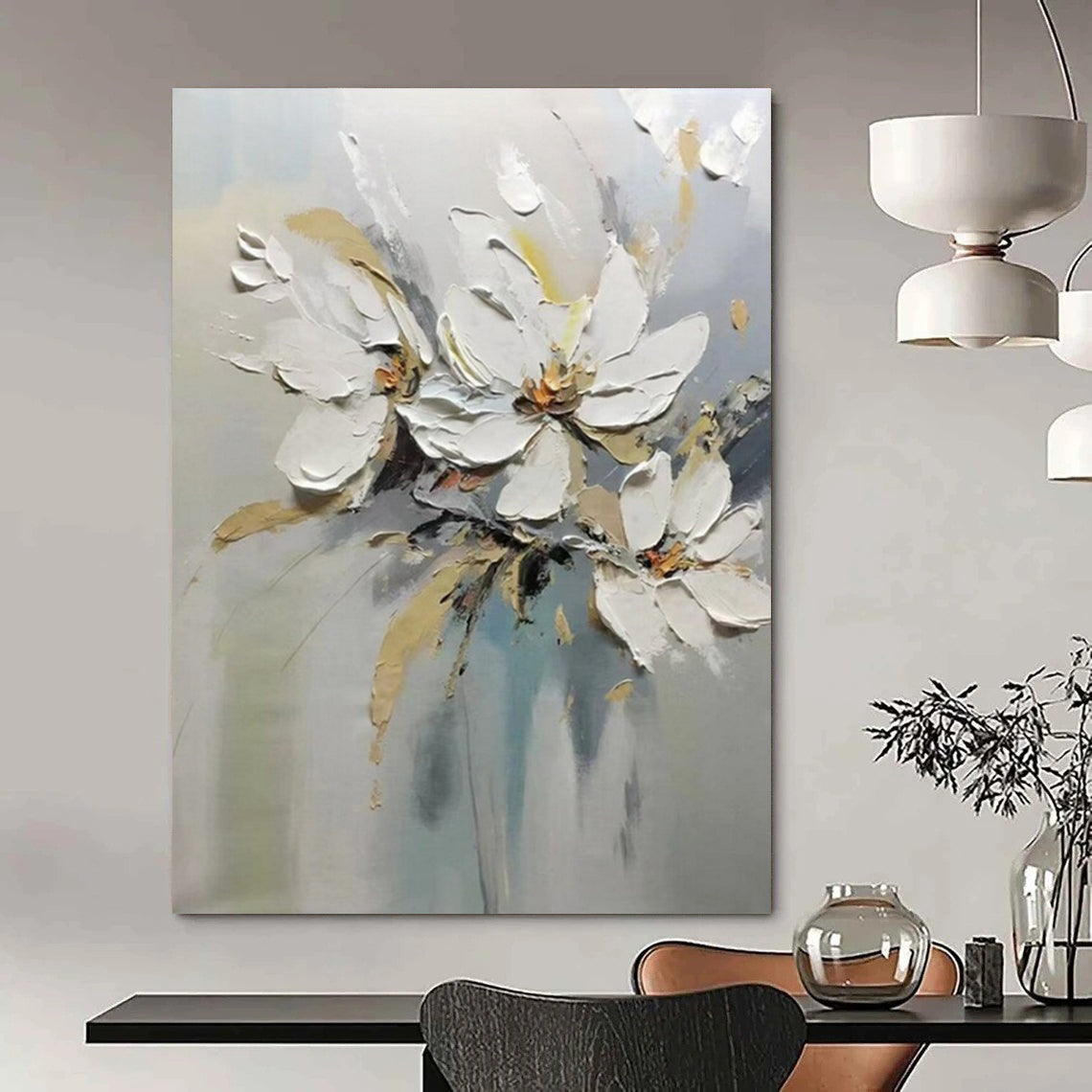 “White Flowers with Impasto Technique” - Textured Oil Painting On Canvas PT2201