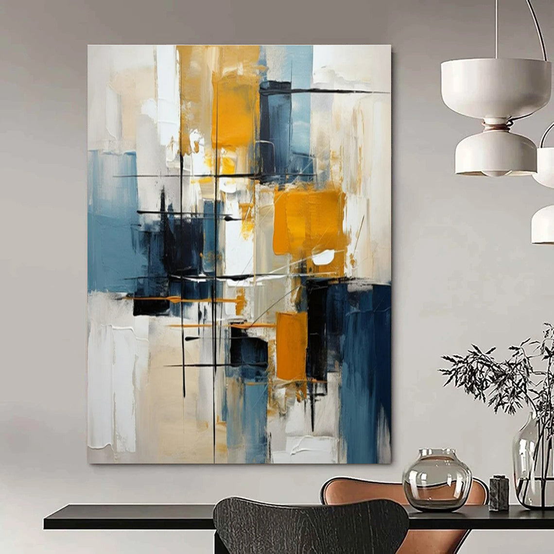 Blue, Yellow, Black, White with Dynamic Strokes "Urban Pulse" Abstract Painting On Canvas PS1452